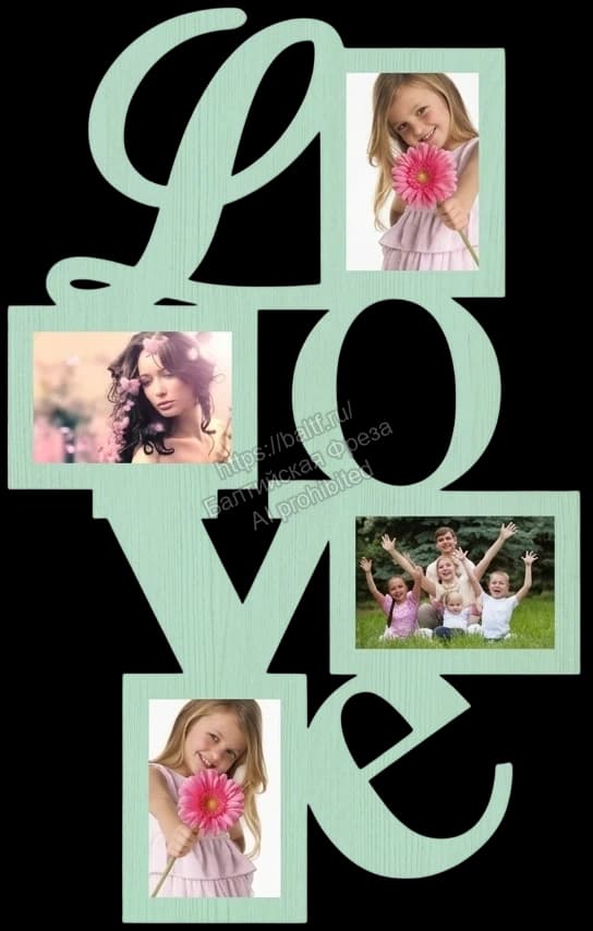 Деревянная фоторамка LOVE мятного цвета с фотографиями семьи