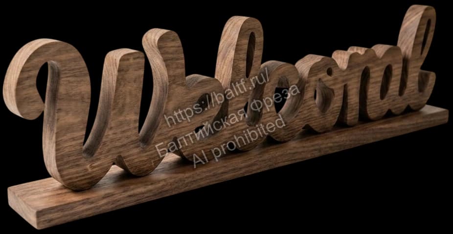 Объемная 3D вывеска Welcome из темного массива дерева на подставке